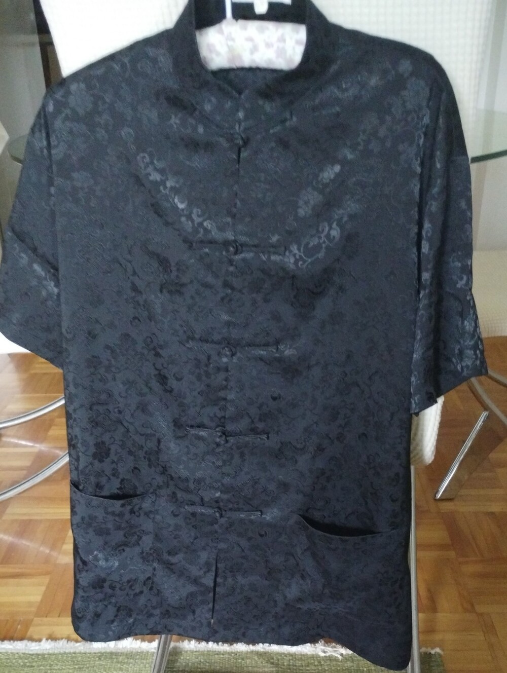 Black Satin Floral Mandarin Collar Jacket